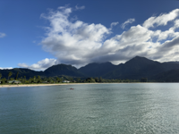 Hanalei Bay with scenic mountain backdrop on the north shore of Kauai.